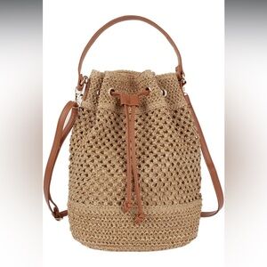 Women's Woven Straw Bucket Drawstring Tote Handbag, Light Brown or Beige